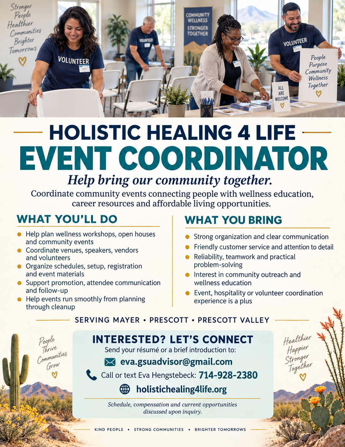 HH4L Event Coordinator recruitment flyer with responsibilities, qualifications, and Eva Hengstebeck's contact information