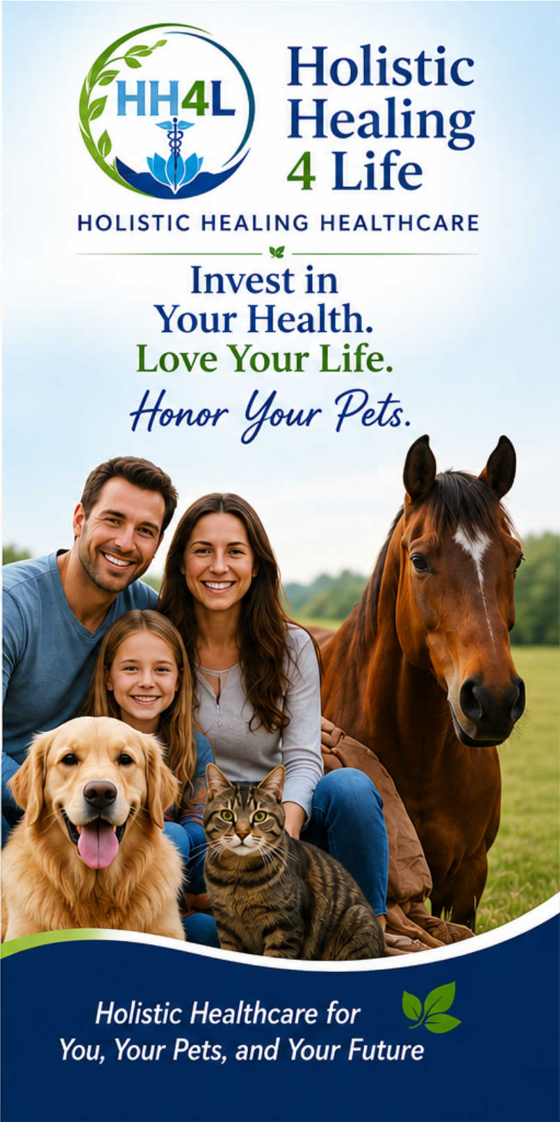Holistic Healing 4 Life membership brochure cover showing people with a dog, cat, and horse